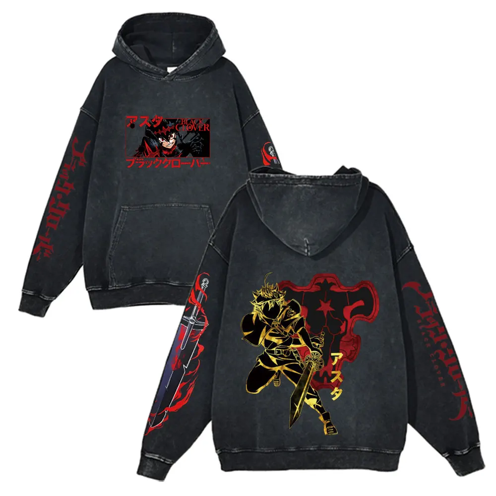 

Anime Black Clover Washed Round Neck Sweatshirt For Men Women Retro Worn 100% Cotton Gothic Sweatshirt Street Hip Hop Clothing