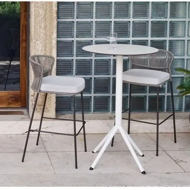 Outdoor Bar Chair Leisure High Stool Balcony Patio Rattan Chair Open Air Restaurant Cafe Aluminum Rope Woven Furniture Design
