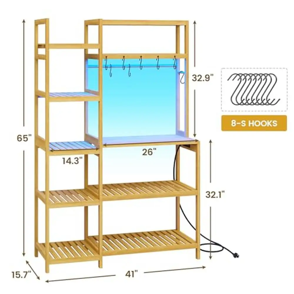 10-Tier Bamboo Bakers Rack with Power Outlets & LED Lights Kitchen Shelves Microwave Stand Freestanding Utility Rack Organizer