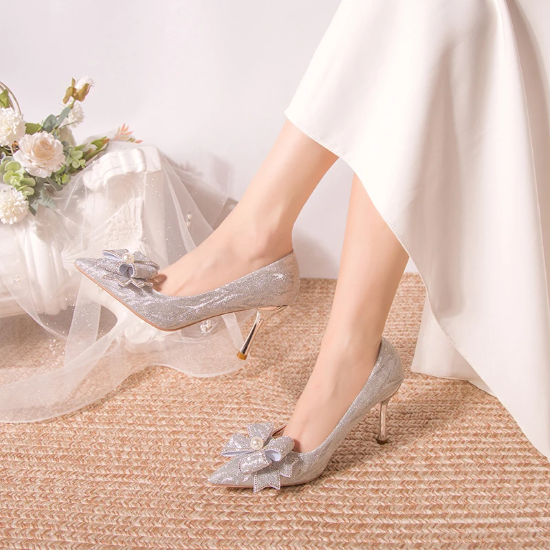 Aphixta 8cm 6cm Stiletto Heels Wedding Pumps Women Party Shoes Silver Crystal Butterfly Knot Pointed Toe Sexy High Heels