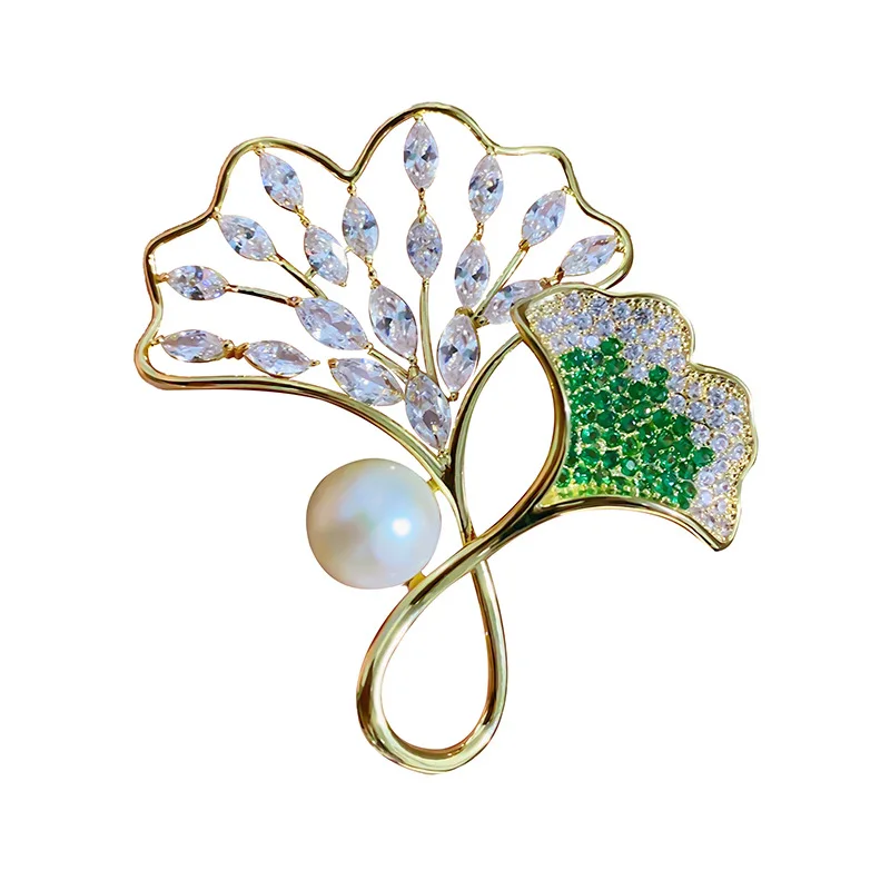 Sweet Temperament Pearl Leaf Brooches Pins Shinning Crystal Cubic Zirconia Fashioni Elegant Statement Brand Corsgae Jewelry