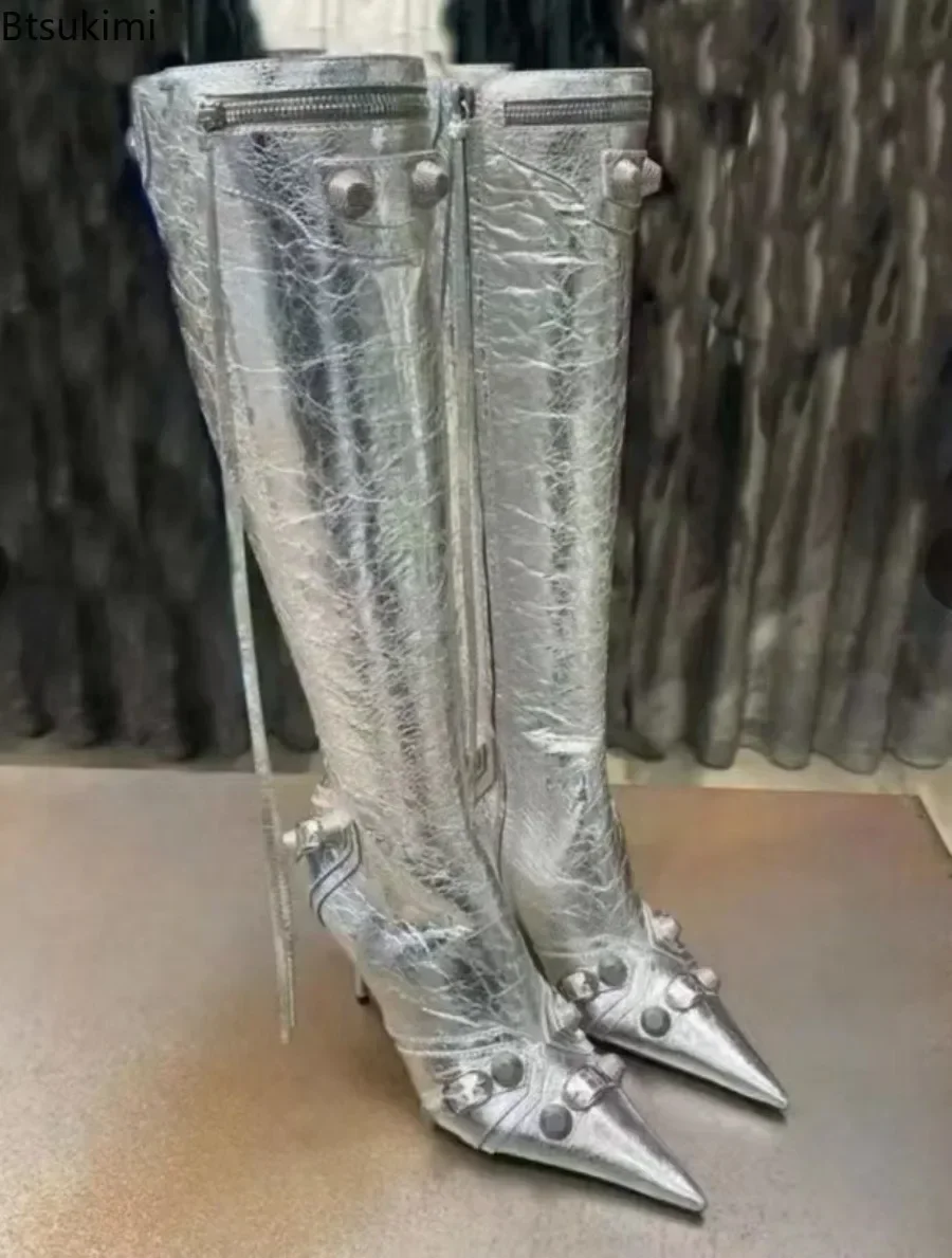 2024 Women's Sexy Knee High Leather Boots Autumn Winter Boots Female Super High Thin Heels with Rivet Retro Fashion Ladies Boots