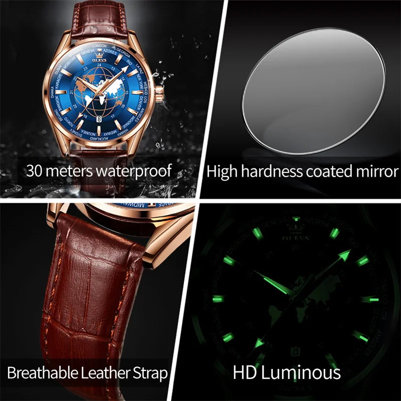 OLEVS Globe Pattern New Quartz Men's Watch Luminous Fashion Luxury Sport Watches Rose Gold Steel Case Clock Reloj Hombre