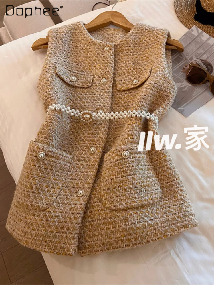 

High-Grade Beaded Belted Tweed Vest Jacket for Women 2023 Autumn New Elegant Sleeveless Pocket Waistcoat Coat Offcie Ladies