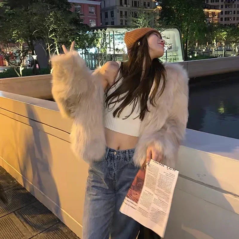 High-End Commute Style Long Sleeve V-neck Women Fox Fur Fur Coat 2023 Short Autumn and Winter Fashion Slim Fit Faux Fur Coat
