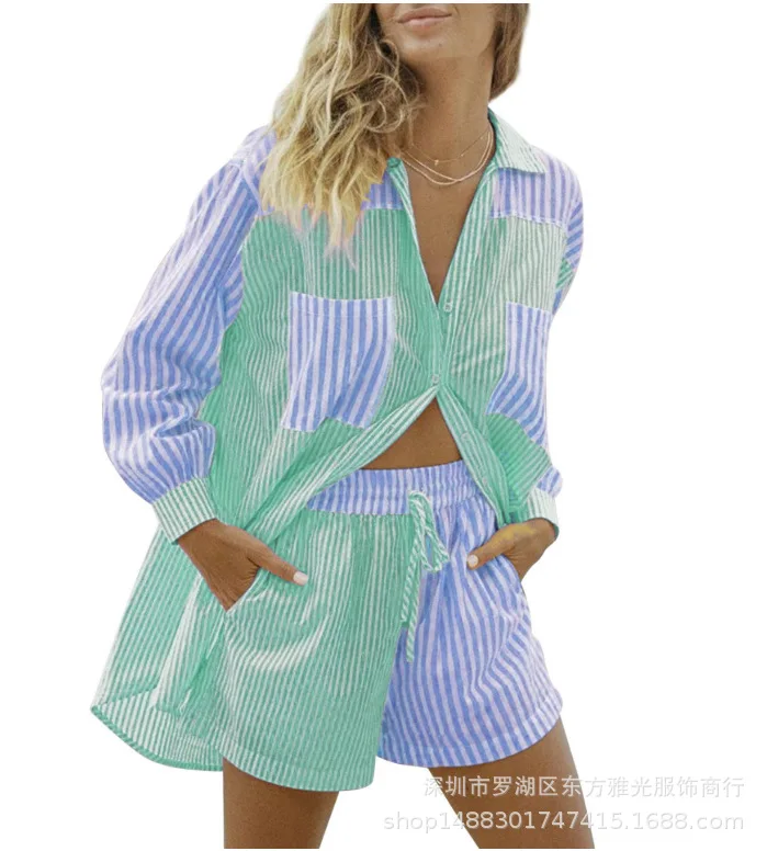 Set di vesti per ragazza completi di moda a righe Set di abbigliamento camicia e pantaloncini con scollo a v Bowknot Set per bambini vesti per bambina  1501