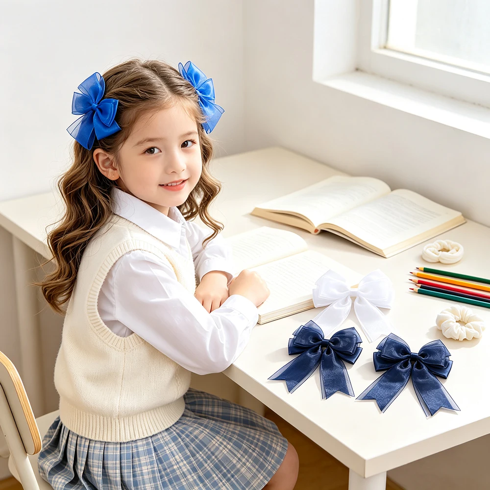 Elegant Satin Organza Long Tail Bow Hair Clips - White, Navy, and Royal Blue Hair Accessories