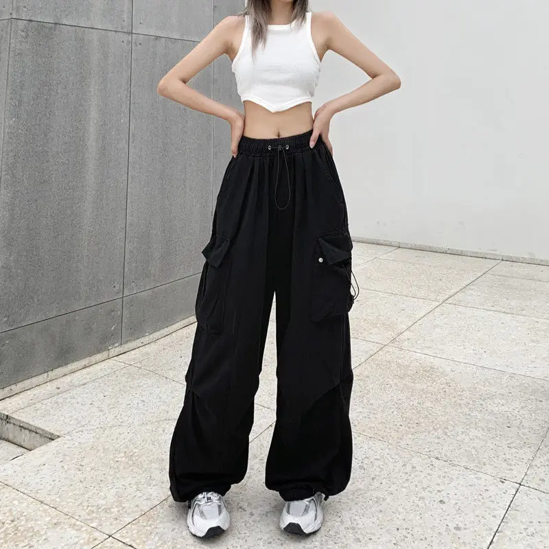 Woman Trousers Cargo Pants Straight Wide Leg Drawstring Oversize Pockets High Waisted Breathable Y2K Solid Color Sweatpants