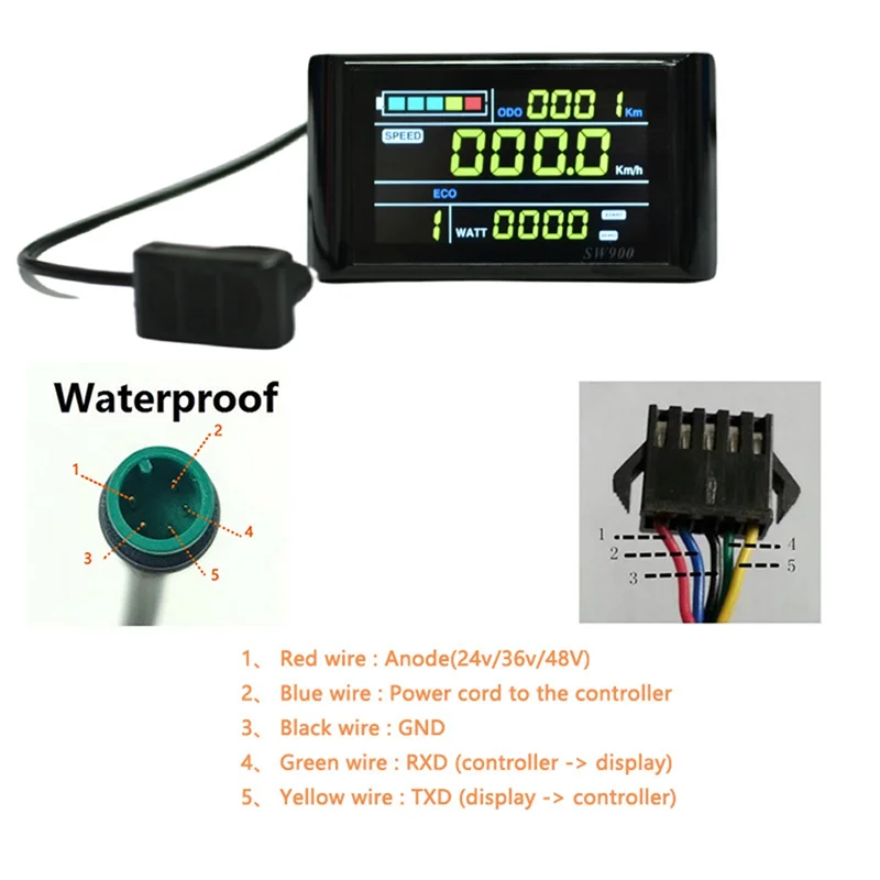 A51Q-SW900 컬러 스크린 Ebike LCD 디스플레이 24V/36V/48V/60V/72V 전자 자전거 LCD 미터 패널 디스플레이 Ebike 액세서리 A