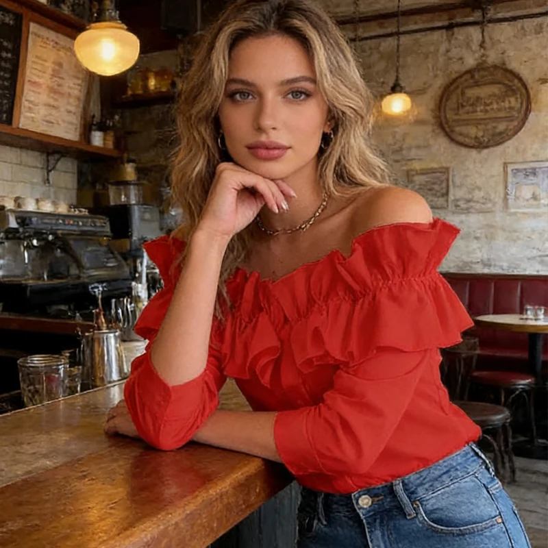 Spring New Fashion Women's Ruffle Edge One-word Neck Off-the-shoulder Cardigan Shirt Elegant Solid Color Casual Slim-fit Blouse