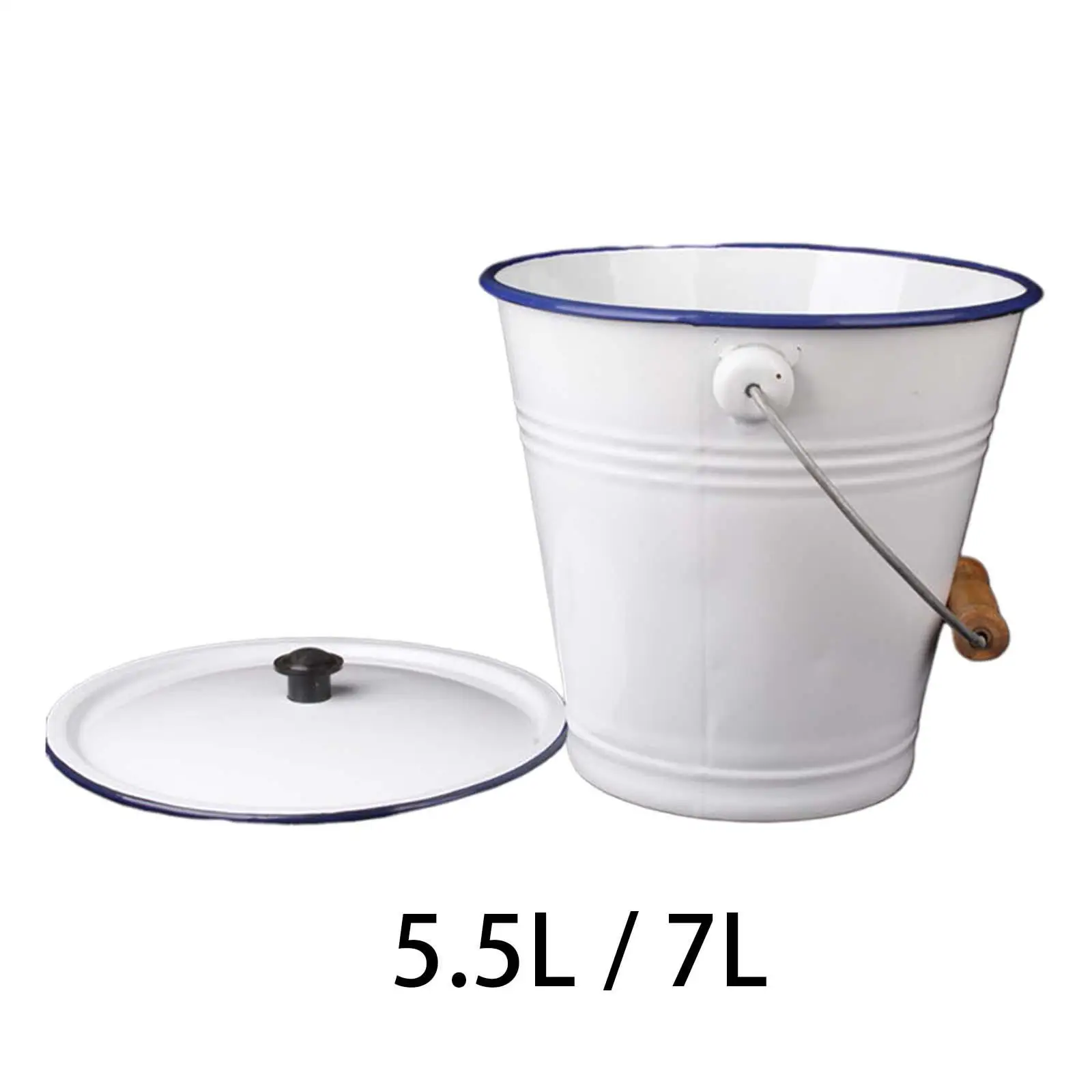 Enamel Bucket with Wood Handle Multiuse with Lid Pails for Garden Party Favors