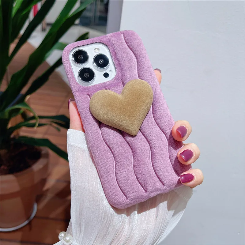 Korea 3D Cartoon Love Heart Plush Phone Case For iPhone 12 14 Pro MAX