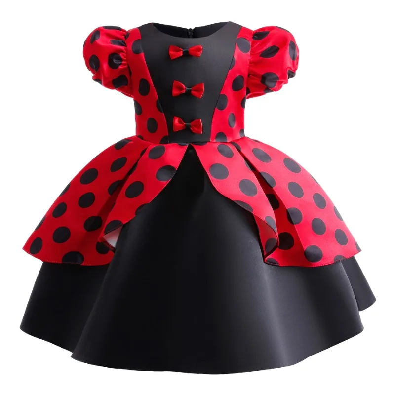 new-popular-girls'-dress-red-bubble-sleeves-retro-polka-dot-print-children's-skirt-birthday-party-dress-bow-short-skirt-2-10year