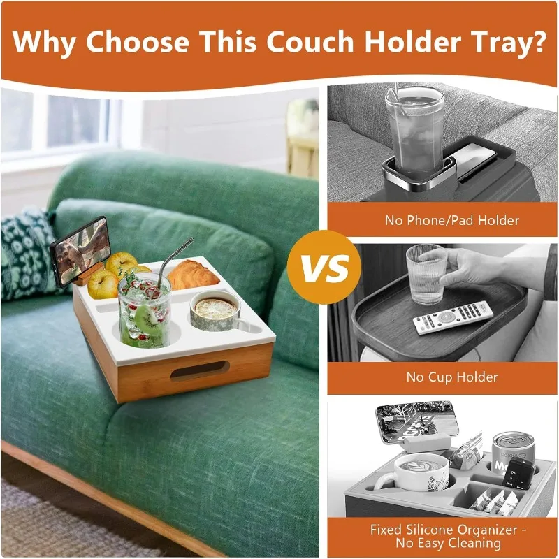 Couch Cup Holder with Sturdy Bamboo Bottom Tray and Anti-Spill Washable Silicone Liner for Eating on Couch or Bed TV-Watching 2