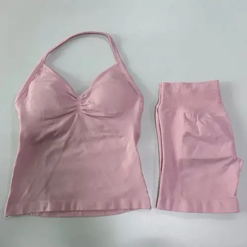 Sexy Halter Neck Beautiful Back High Waist Peach Sports Bras Shorts Suit Pilates Gathering Yoga Vest Training Fitness Bra Sets - Image 5
