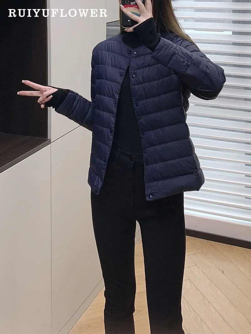 

Spring Autumn Winter Lady Thin White Duck Down Jacket Top Long Sleeve O-Neck Coat Korea Loose Keep Warm Outerwear Women Clothing
