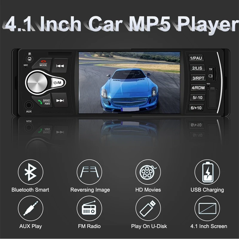 

1 DIN 4.1 Inch TFT HD Screen Car MP5 Player Bluetooth FM Reversing Video WIN-CE
