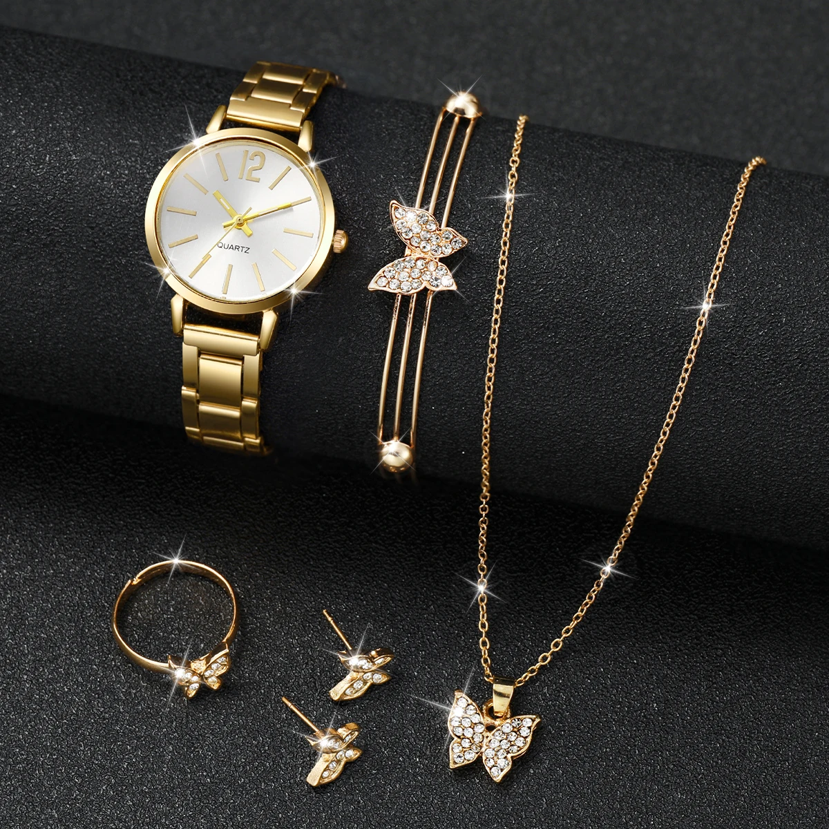 6PCS/Set Fashion Women's Watch Gold Steel Band Quartz Watches Butterfly Jewelry Set（Without Box） 3