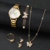 6PCS/Set Fashion Women's Watch Gold Steel Band Quartz Watches Butterfly Jewelry Set（Without Box） 3