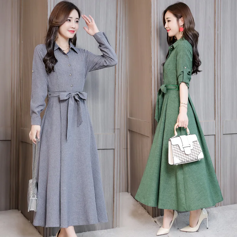 

Autumn New Arrival Korean-Style Waist-Slimming Mid-Length Women's Shirt Dress with Half-Cut Design