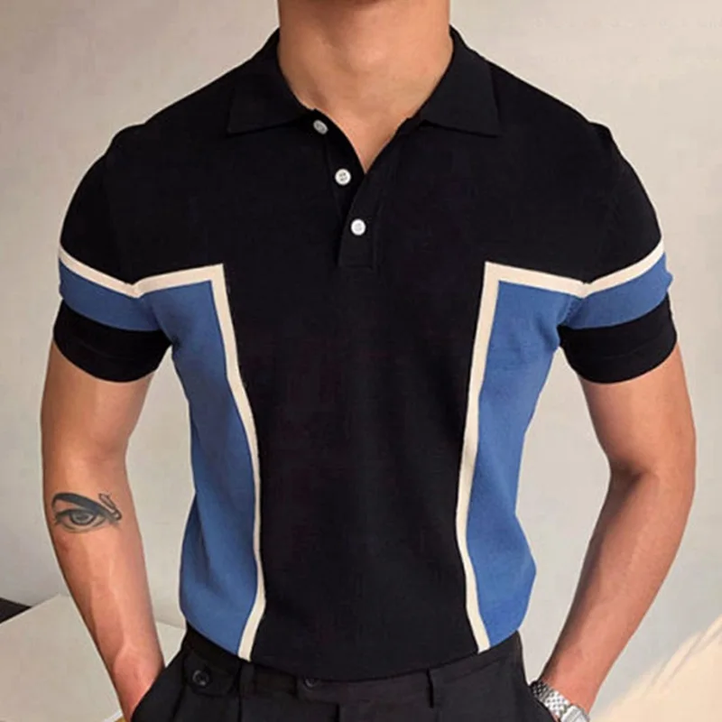 Men's summer business knit short sleeve polo shirts streetwear button-down breathable striped fashion light luxury retro shirts polo shirt