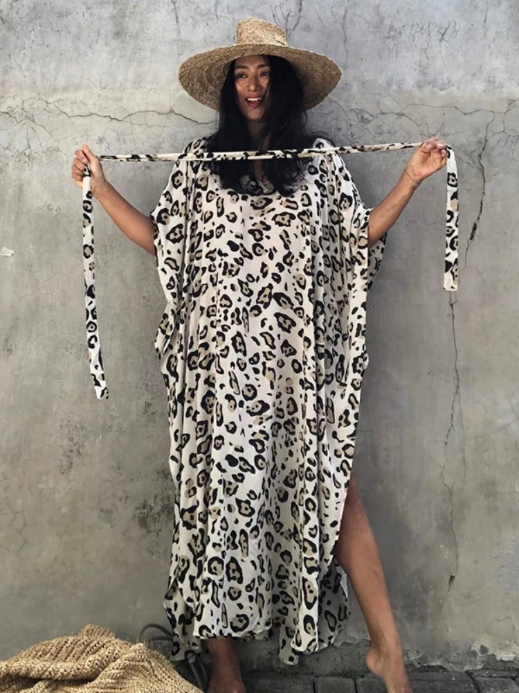

Leopard Beach Cover Up for Swimwear Maxi Dresses and Tunics Kaftans for Women Pareo Summer Bathing Suits Beachwear Dropshipping