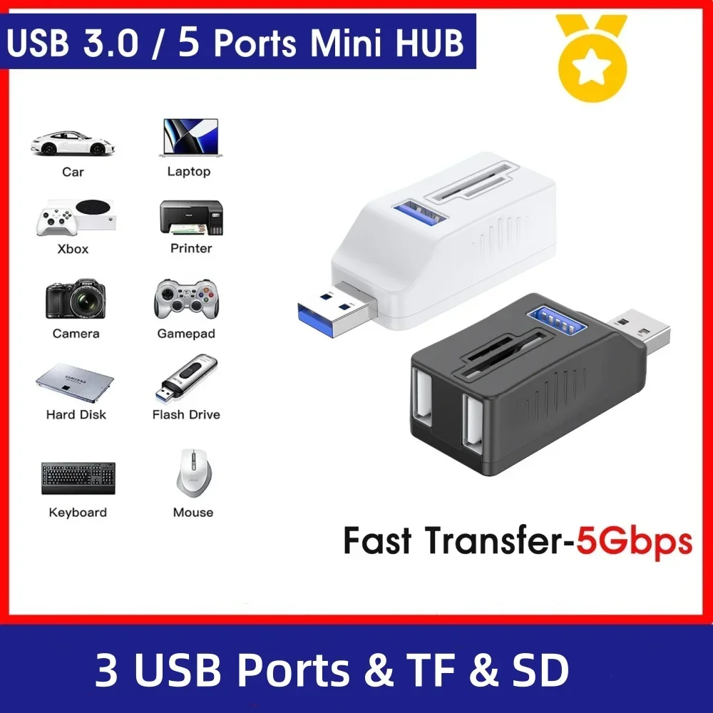 SD TF 카드 리더기가있는 5 포트 USB 3.0 허브 노트북 PC 카메라 플래시 드라이브 용 USB 3.0 2.0 포트 익스텐더 HDD Dash Cam Adapte