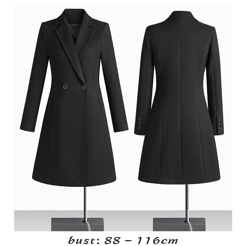 High quality wool blend long trench coat for women big size double breasted new winter 2023 elegant clothes - black grey blue