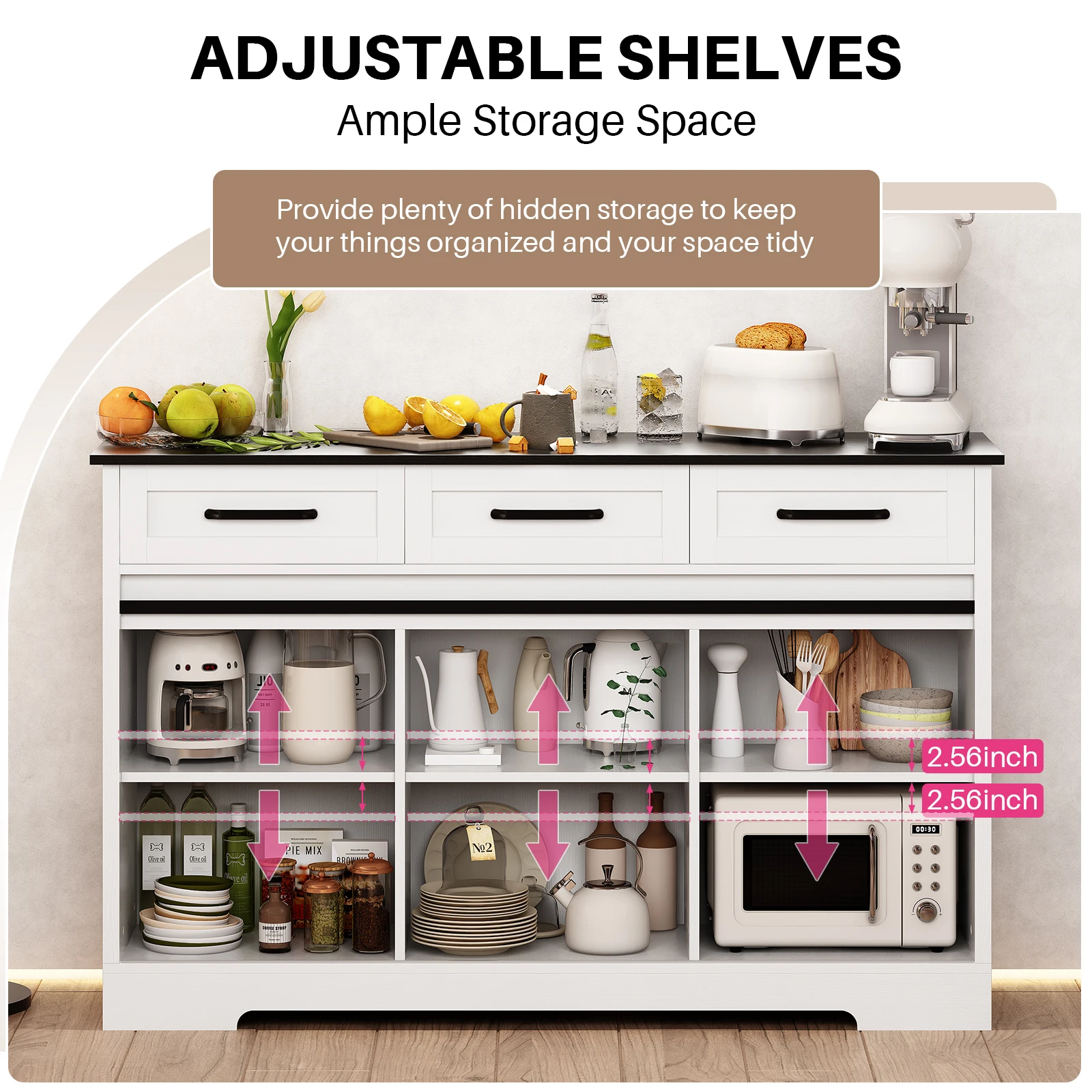Redlife Sideboard Buffet Cabinet 53.5'' Coffee Bar Storage Cabinet w/ Adjustable Shelves Sliding Doors for Dinning Room Kitchen