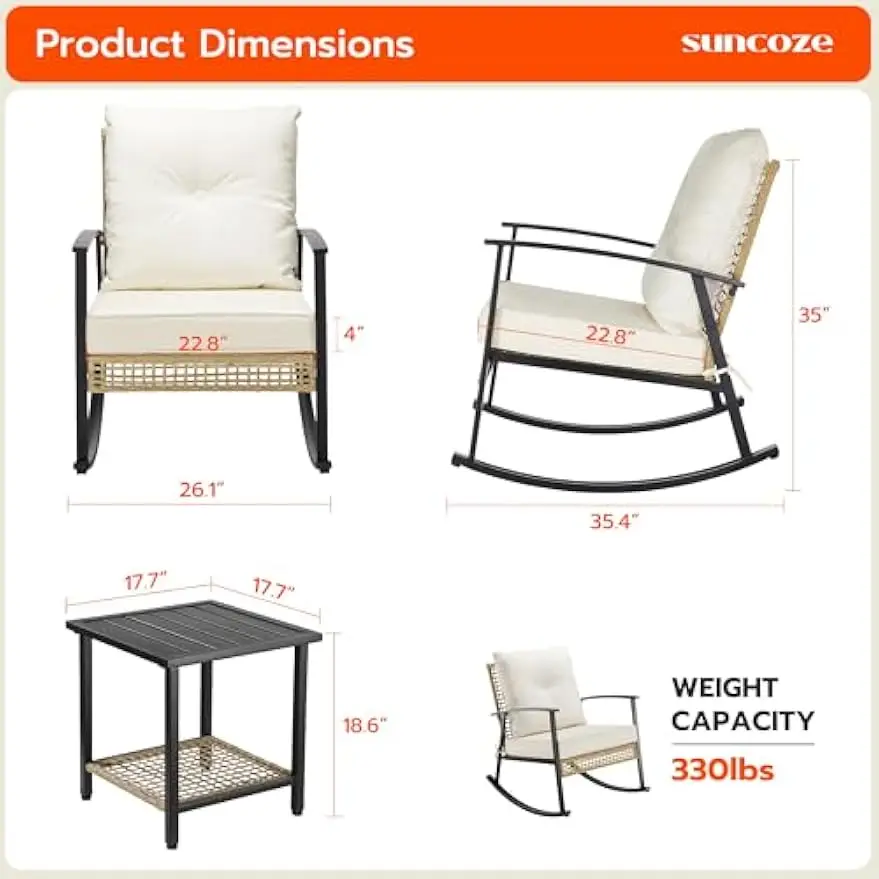 3 Piece Patio Furniture Set, Outdoor Rocking Chairs Set of 2 with Coffee Table, Rocking Chair Oversize Rattan Conversation Sets