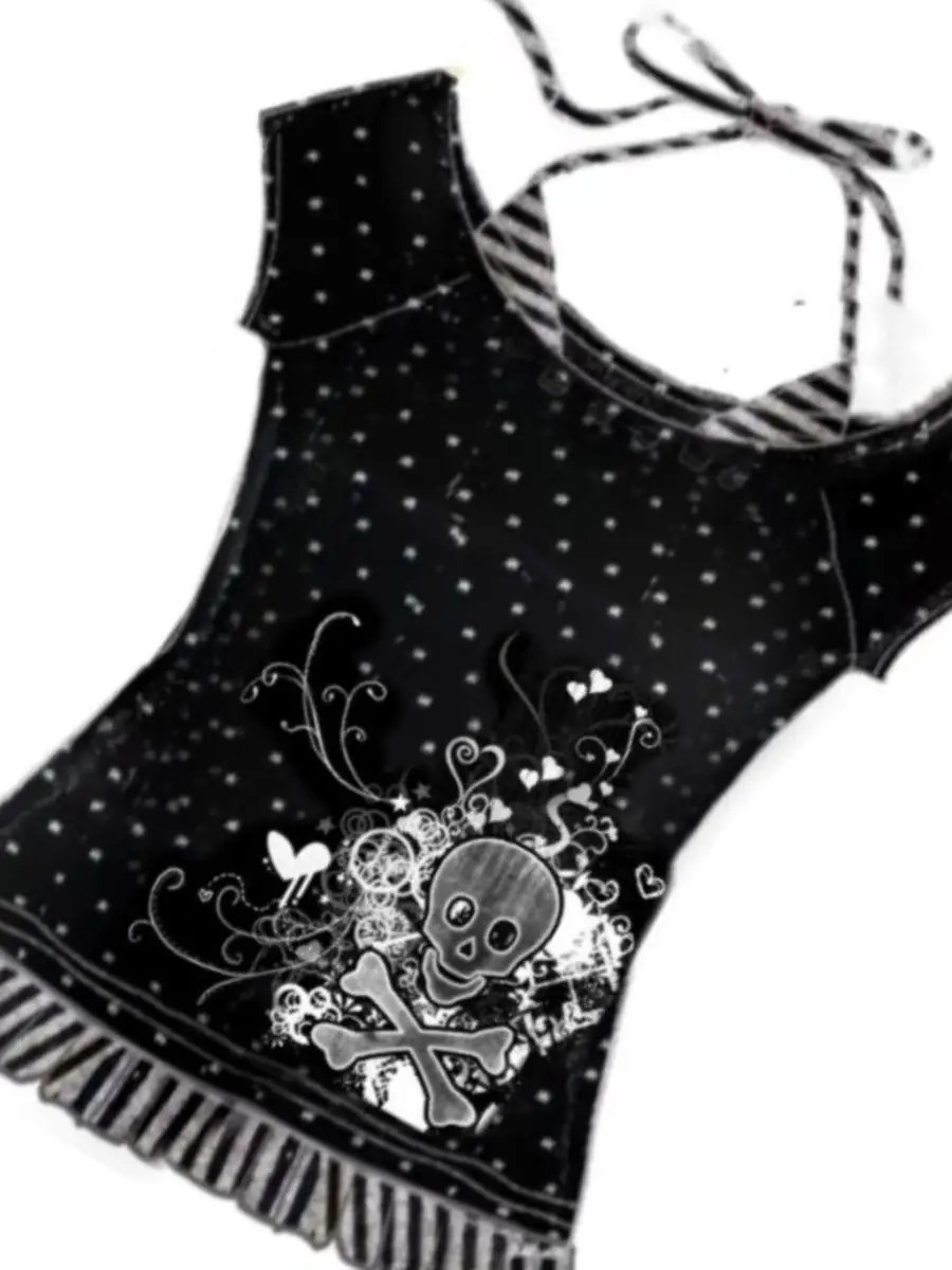 Gothic k Skeleton Polka Dot ort Sve One oulder Strap Fake Two-Piece T-irt Cool Sle Slim Fit Summer Top for Women