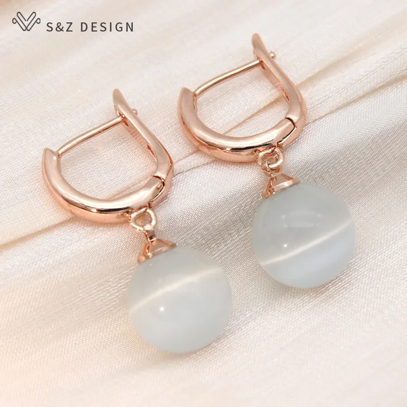 S&Z DESIGN New Fashion 585 Rose Gold Color Round Opals Cat's Eye Beads Drop Earrings For Women Wedding Party Trendy Jewelry