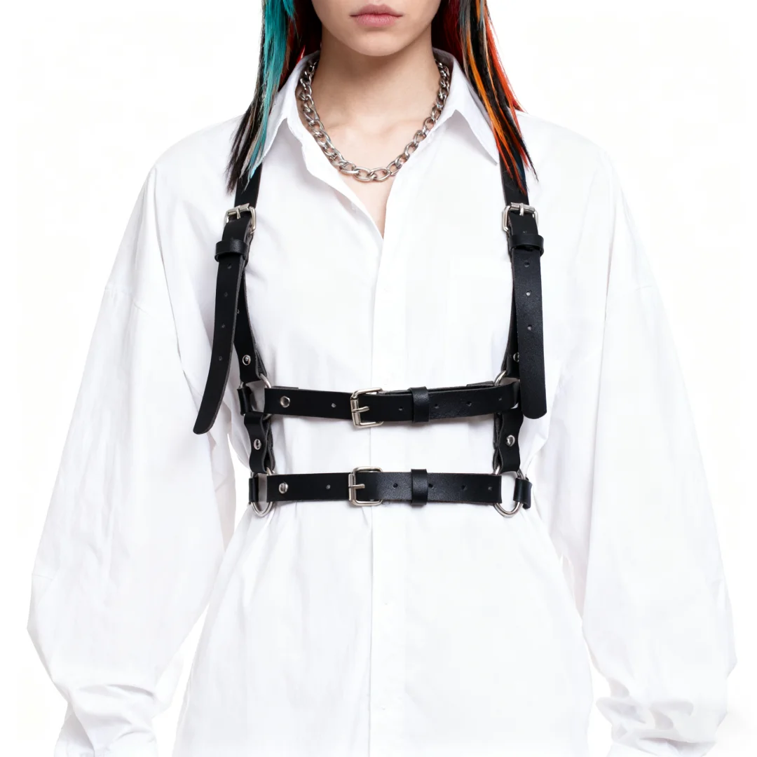 UYEE Rock Männer Frauen PU Leder Gürtel Y2K Stil Harness Strap Sexy Schulter Brust Kette mit Metall Ring für Kostüm Zubehör – Detail 4