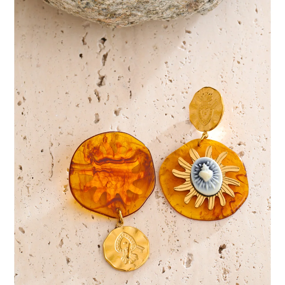 Yhpup Amber Resin Round Sun Pendant Drop Earrings