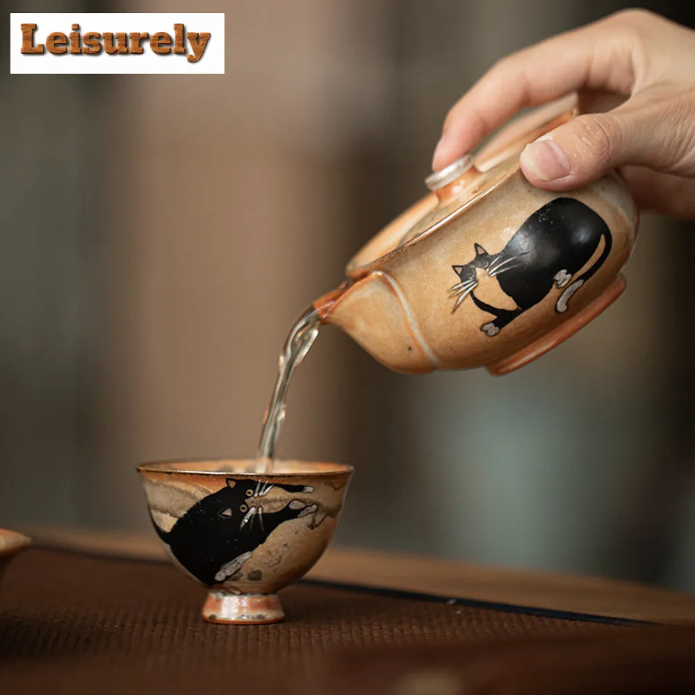 150ml Japanese Zhino Cat Hand Grasping Teapot Handmade Silver Treasure Bottle Pot Kiln Change Wood-fired Porcelain Kettle Teaset