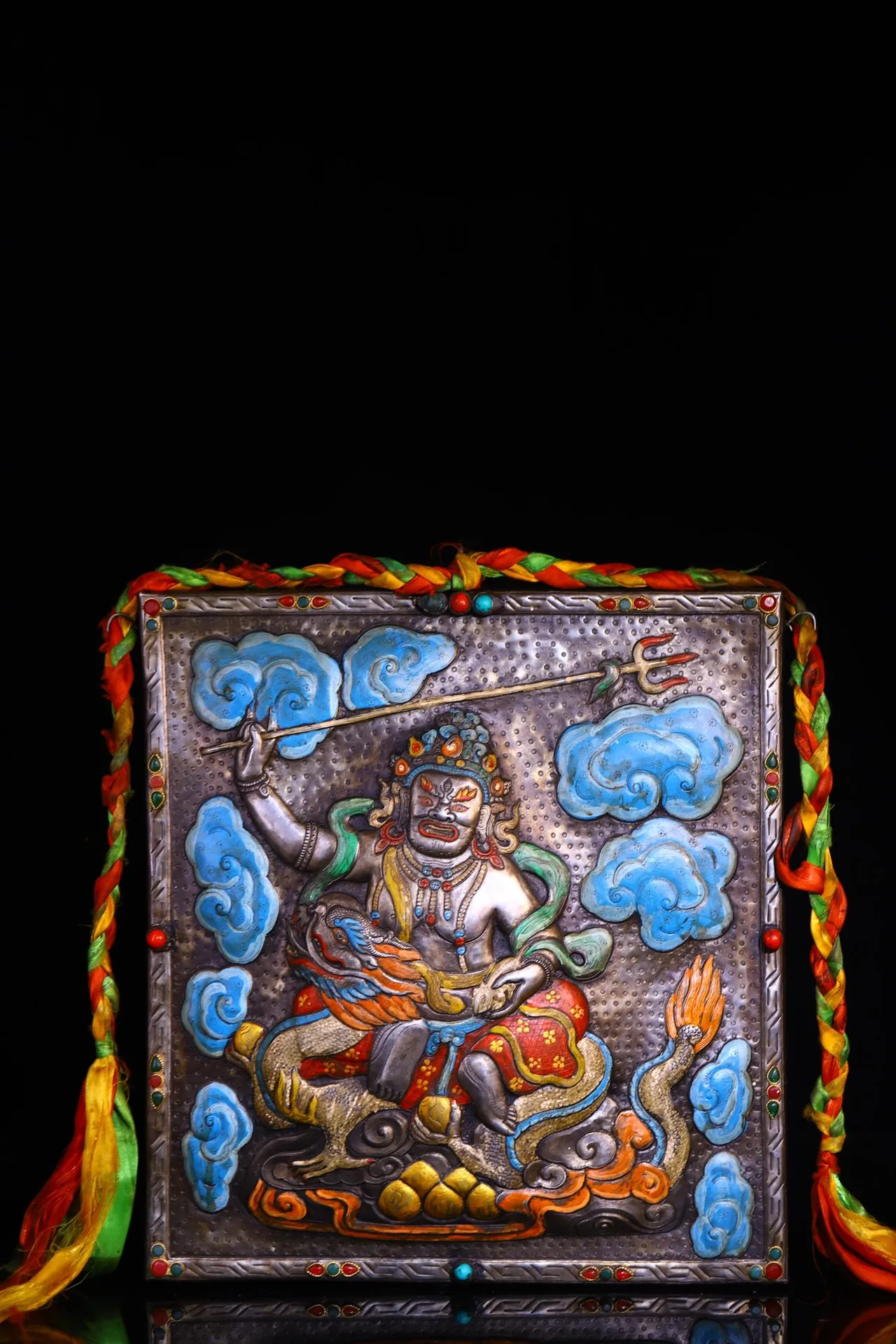 

14"Tibetan Temple Collection Old Tiantie Painted Mosaic Gem Auspicious Eight Treasures Vajrapani Bodhisattva Buddha Thangka