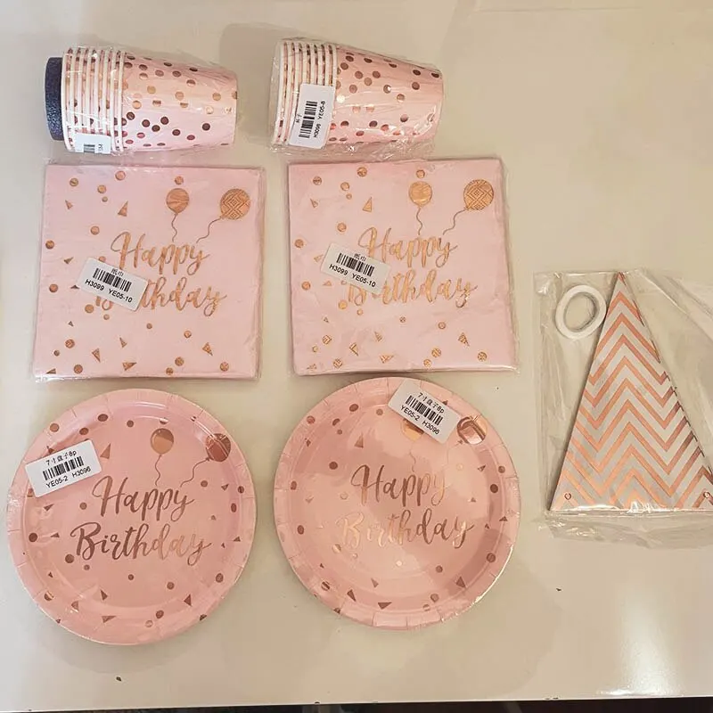 78 stücke Roségold Geburtstag Dekorationen Einweg geschirr Set Pappbecher Teller Hochzeits feier Dekorationen Kinder Babys hower – Detail 2