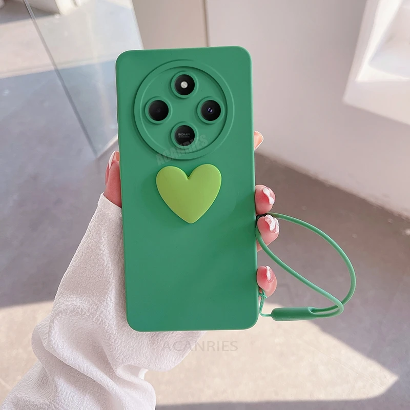 Cute 3D Love Heart Silicone Phone Case with Lanyard Wrist Strap Cover