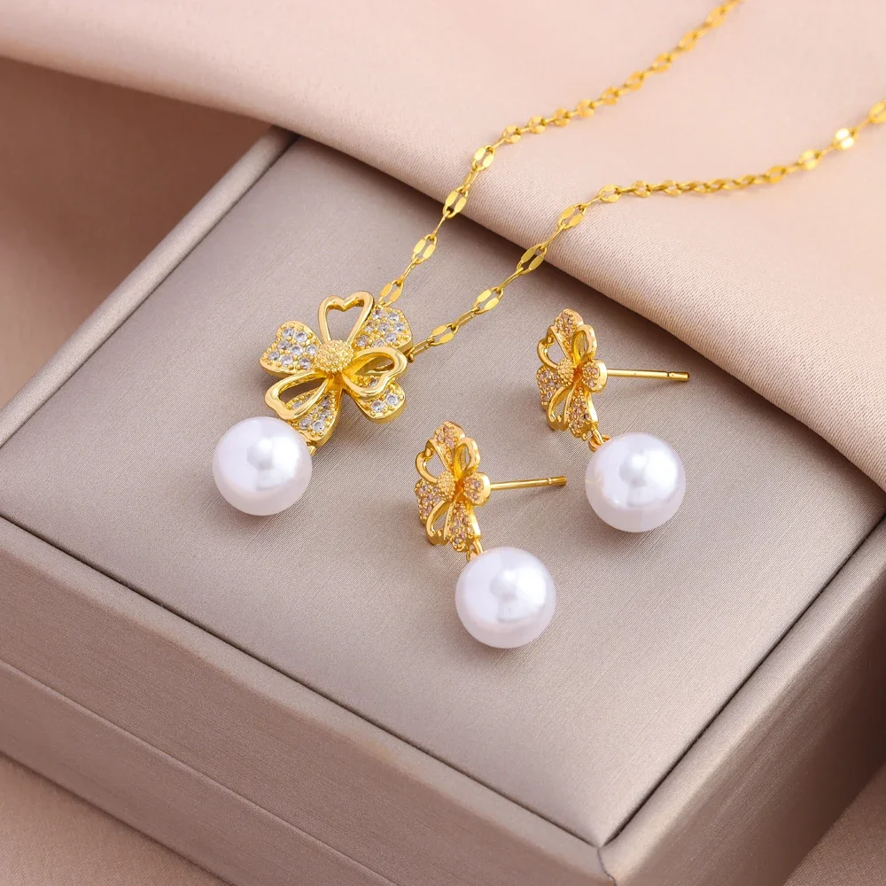 

*New Vintage Zircon Crystal Flower Pearl Pendant Necklaces Earrings For Women Female Daily Wear 316L Stainless Steel Jewelry Set