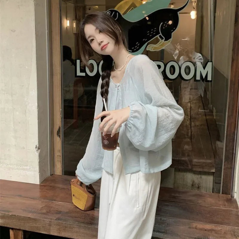 Smvp Sommer Single Button Sonnencreme Shirt Frauen Koreanische Süße Oansatz Offene Sonnenschutz Shirts Dünne Laterne Hülse Kurzen Mantel – Detail 2