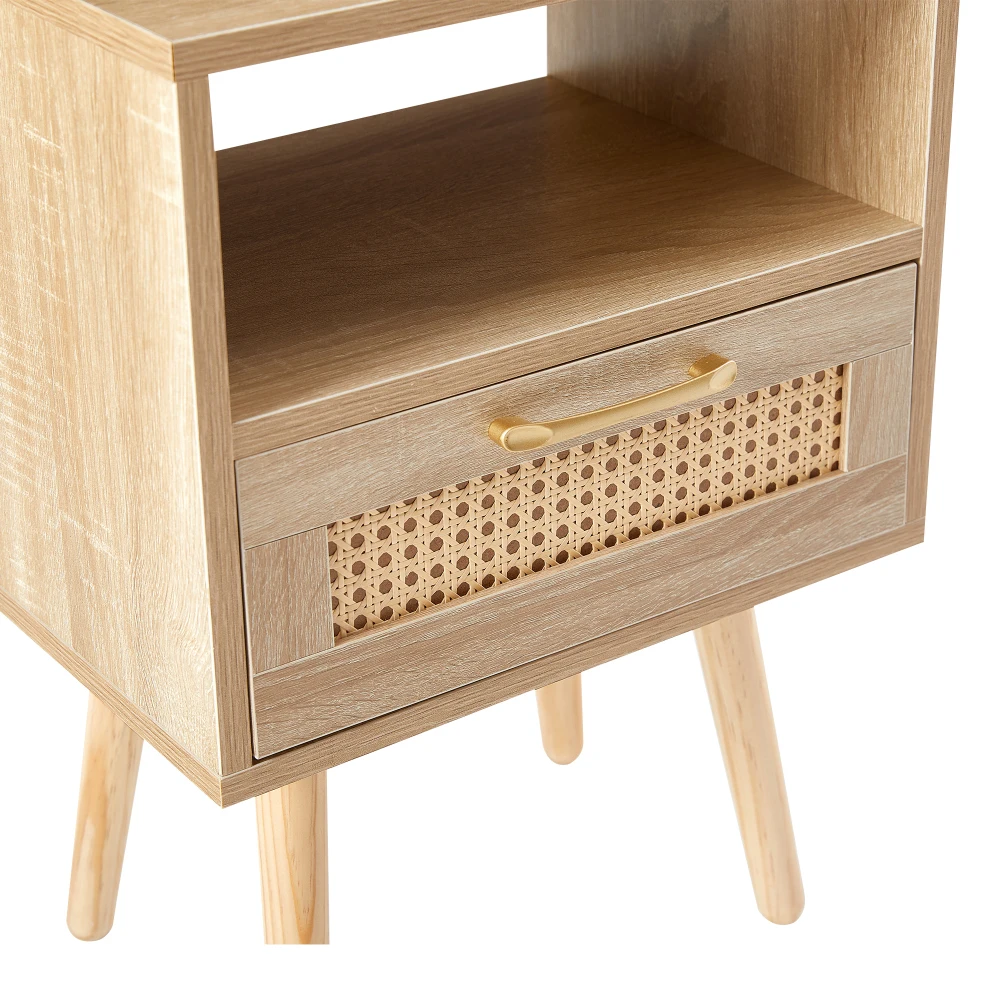 Rattan-Beistelltisch mit Aufbewahrungsschublade und Massivholzbeinen, Moderner Multifunktionaler Nachttisch für Schlafzimmer und Wohnmöbel – Detail 11