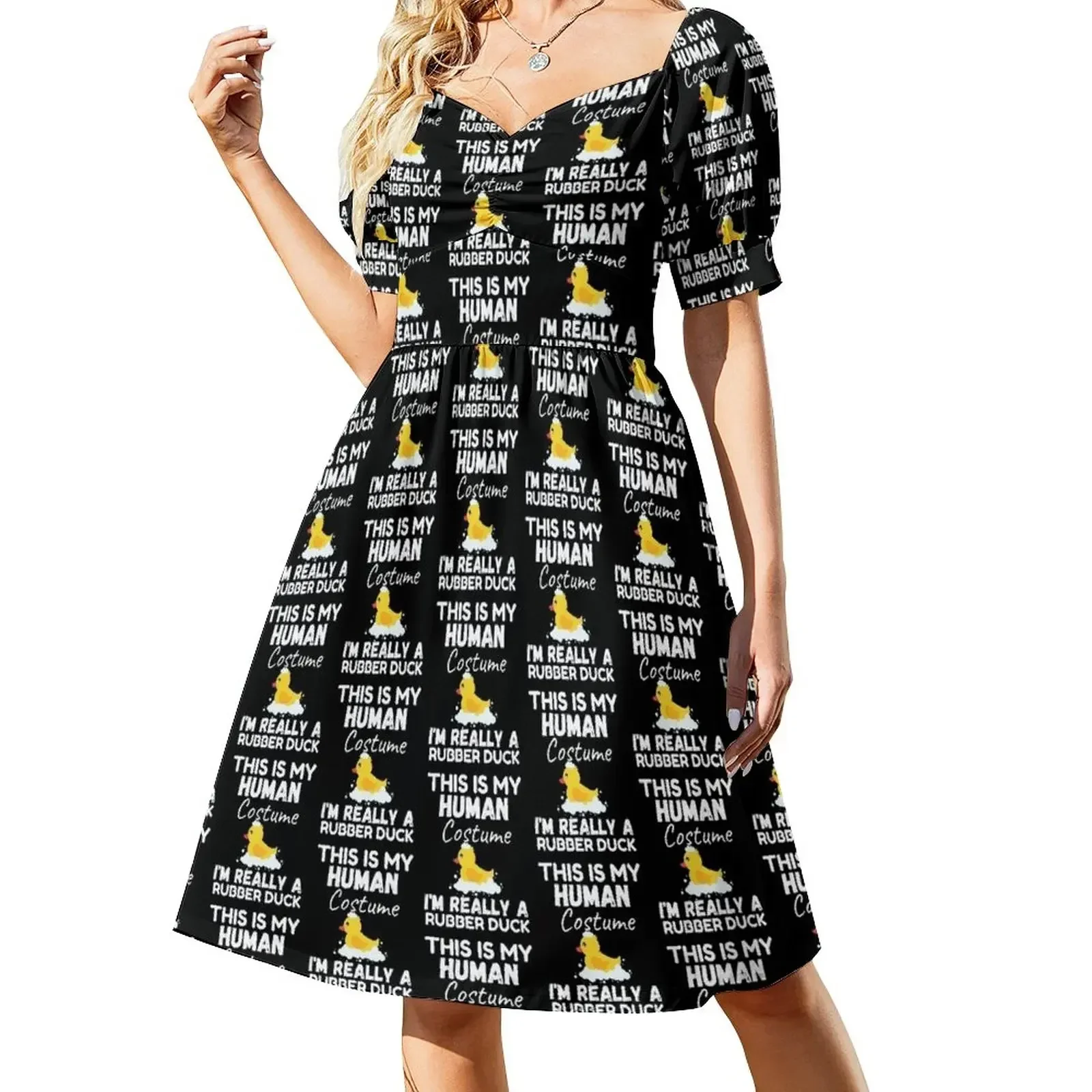 thumbnail image 1 of Este es mi disfraz humano. En realidad soy un pato de goma. Dicho divertido. Vestido de manga corta. Vestido de noche para mujer. Vestidos de noche para mujer., 1 of 7