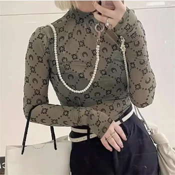 Y2K Sexy Women's Sheer Blouse Moon Design Flocked Long Sleeve Mesh Tulle Top Casual T-Shirt Blusas 1