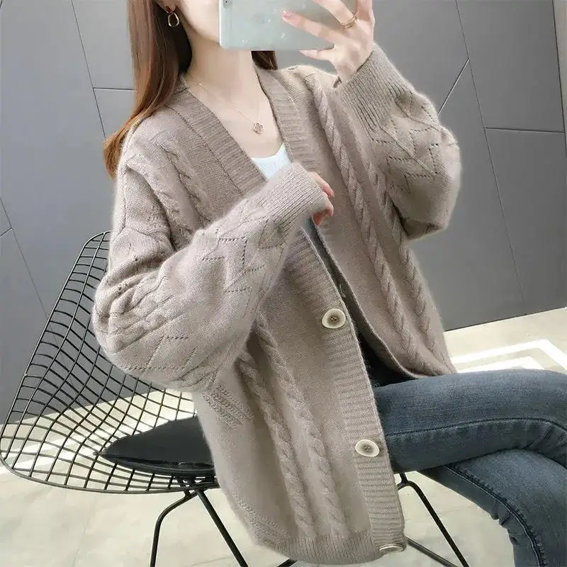 

New Fall Winter Long Sleeve Loose Wool Sweater Women's Knitted Cardigan Button Single-Breasted Sweater Pull Femme for Women V45