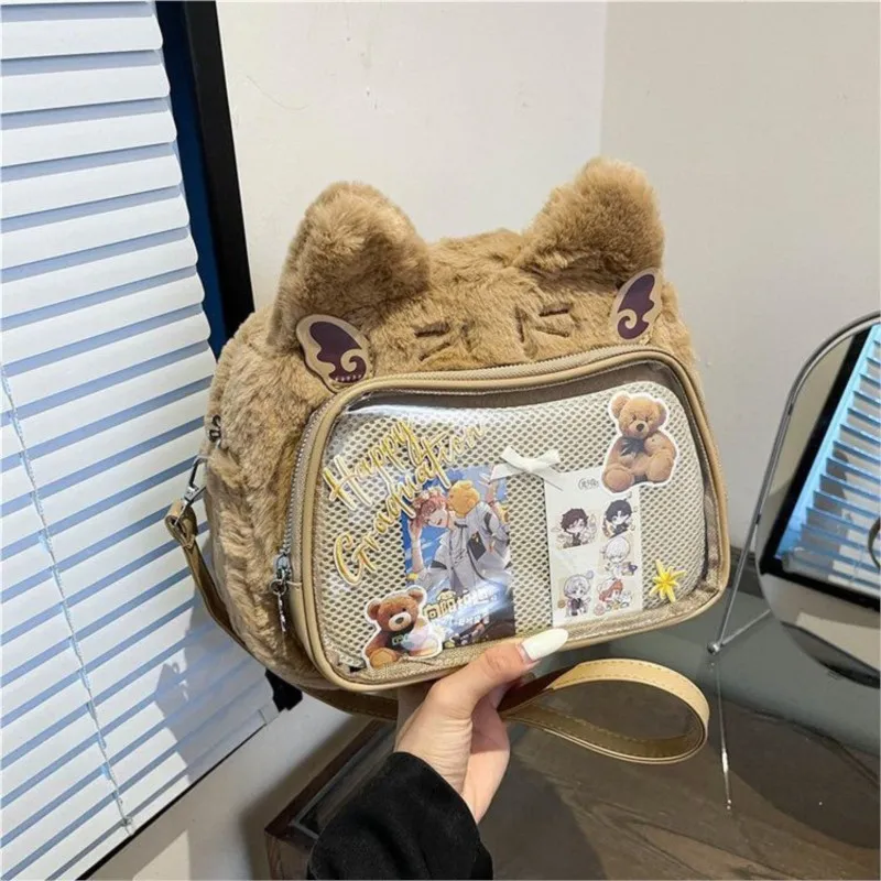 JIAERDI Sweet Cute Cat Pink Mini Backpack Women Harajuku Aesthetic Plush Soft Ita Bag Messenger Bag Student Kawaii Backpacks