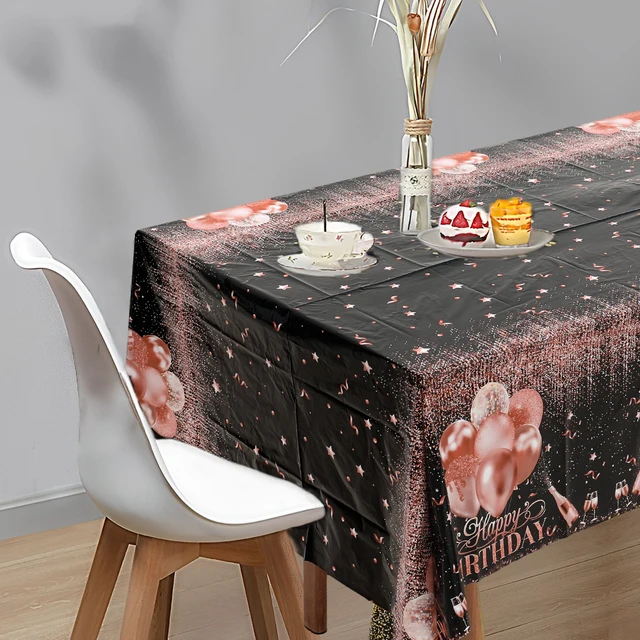 Nappe jetable noir or Rose or 220x130cm, décor de fête d'anniversaire pour hommes et femmes, couverture de Table, fournitures de fête 5