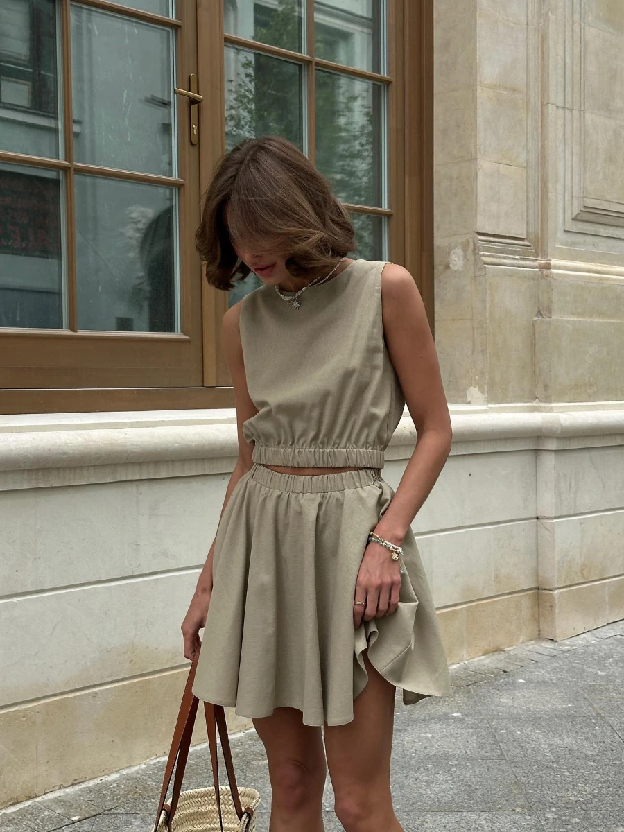 Bornladies O-Neck Vest Pleated Skirt Set Women's Summer New Cotton Linen Sleeveless  Top Short Skirt Women's Casual Skirt Set