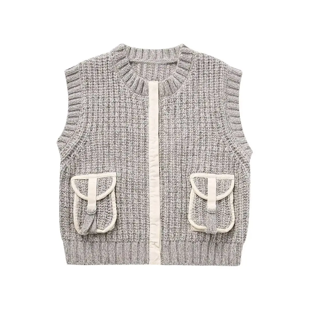 

Women New Fashion Pocket Stitching Knitted Vest Sweater Vintage Sleeveless O-Neck All-Match Casual Female Waistcoat Chic Tops