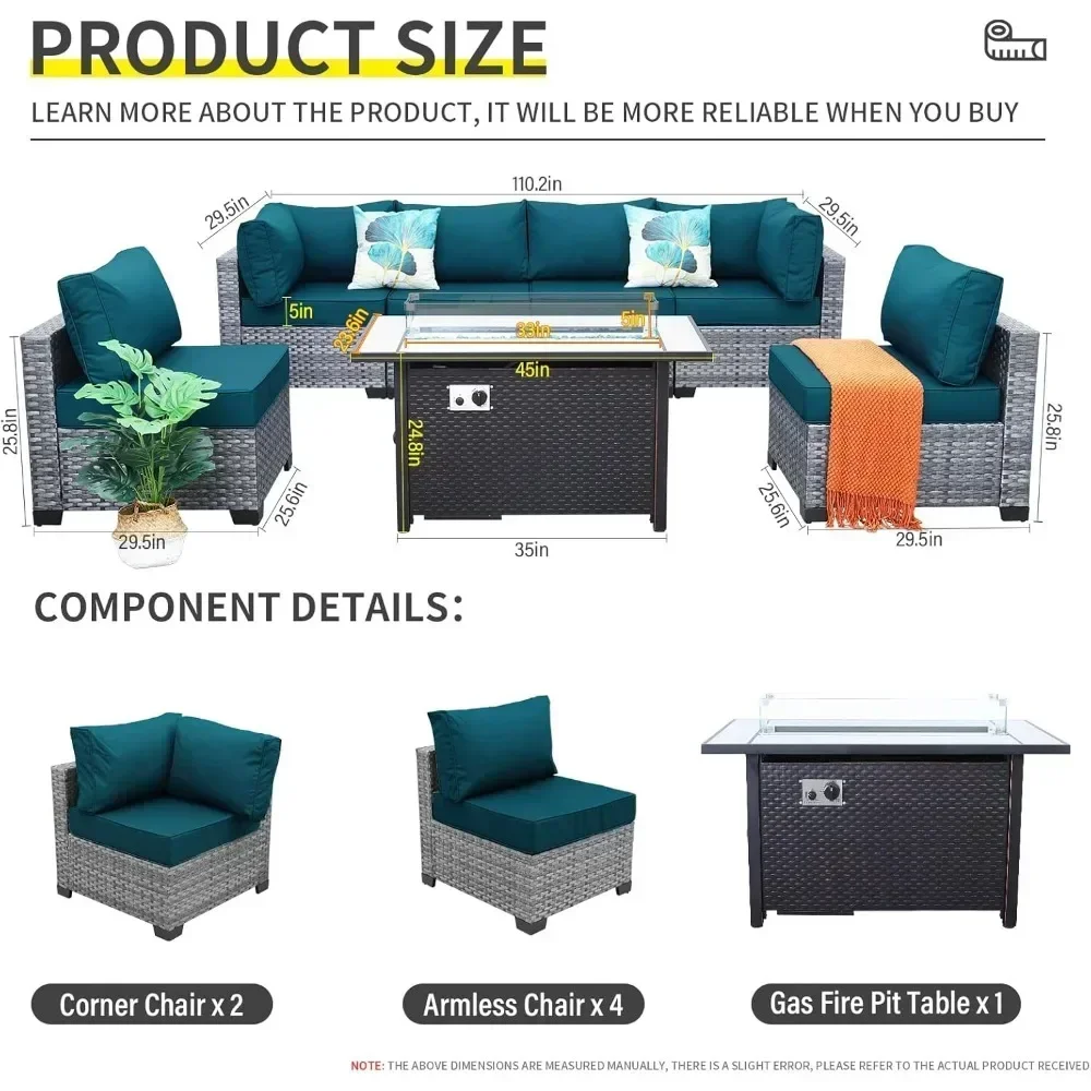 7-piece Set of Willow Terrace Furniture, PE Rattan Outdoor Segmented Sofa, Table with Fire Pit, Anti Slip Mat, and Furniture Set 4