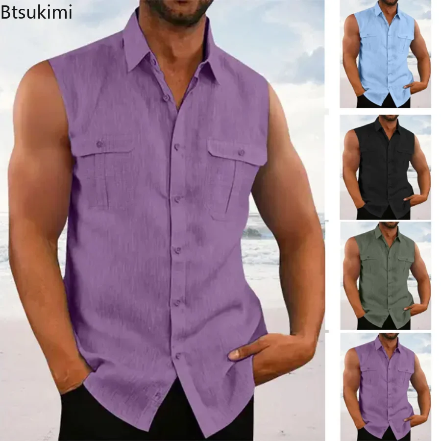 2024 Spring Summer Men's Leisure Cotton Linen Tank Tops Casual Solid Color Buttoned Lapel Sleeveless Vest Shirt Fashion Camisole women summer vest v neck sleeveless solid color tank tops loose fit smooth fabric camisole casual pullover tops